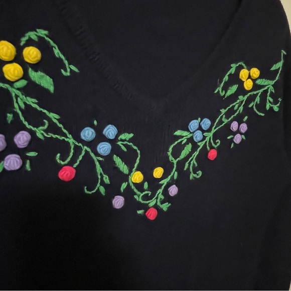 VINTAGE 70S V-NECK SWEATER NAVY BLUE 3D POMPOM FLORAL FLOWERS MULTI-COLOR XS/S - Picture 7 of 14